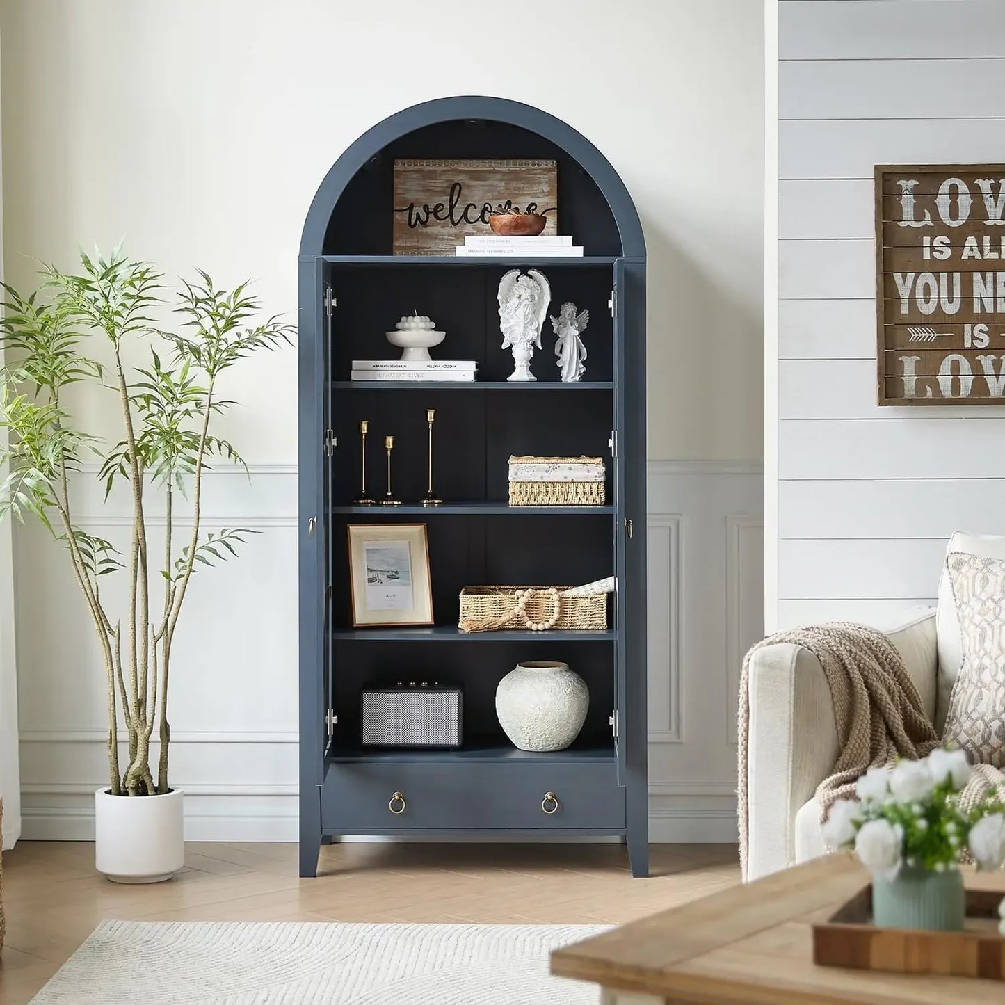 Farmhouse Arched Wood Cabinet With Glass Doors And Drawer