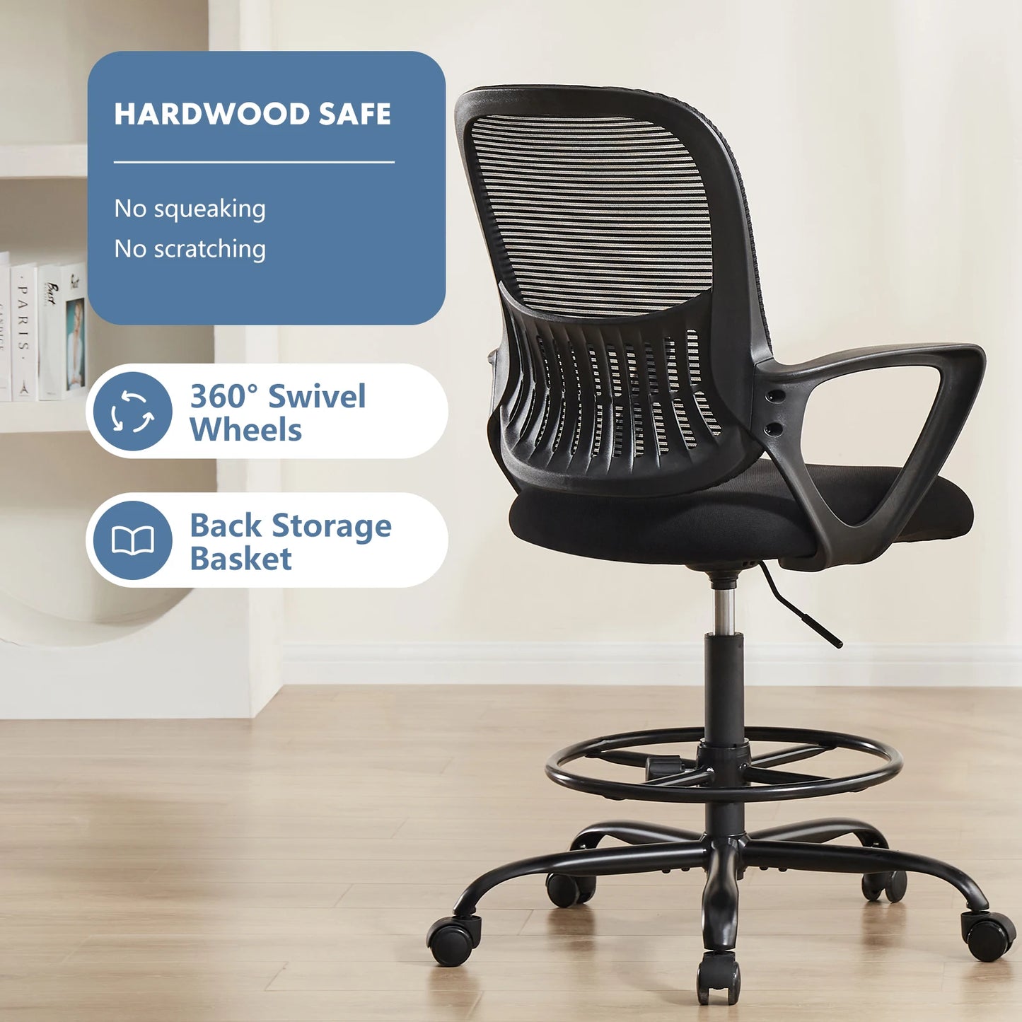 MCQ Tall Drafting Office Chair Ergonomic High Stool Computer with Adjustable Height and Comfy Lumbar Support Swivel Office Chair