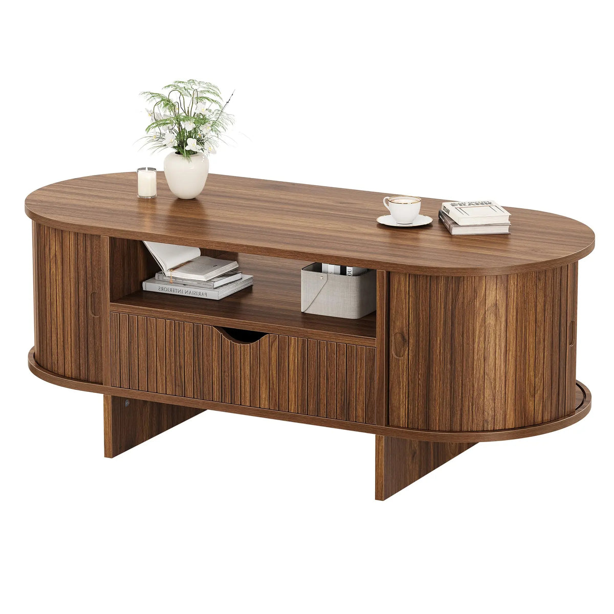47.2in Oval Coffee Table With Storage, Modern Fluted Wood Center Table With Drawer & Sliding Door Cabinets For Living Room, Small Space
