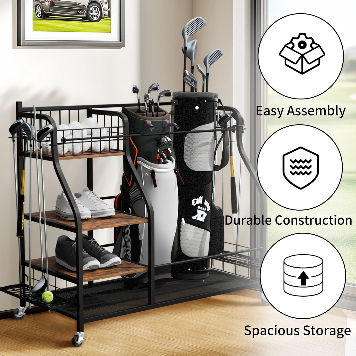 Rolling Golf Bag Storage Rack With Wheels And Shelves