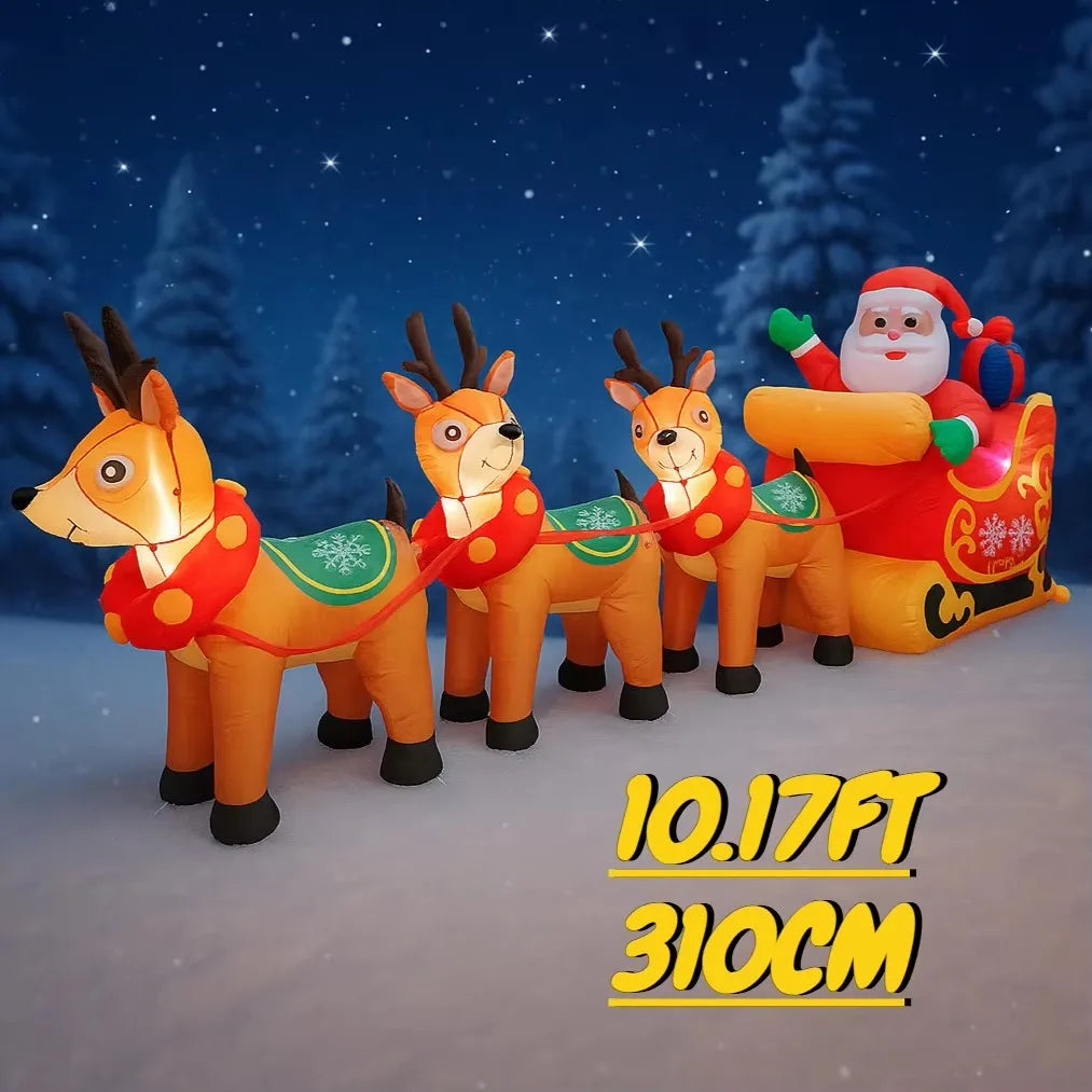 10.17FT Inflatable Santa Claus Toy Sleigh Reindeer Christmas Yard Decoration LED Lit Xmas Supplies Home Ornament Festive Gift