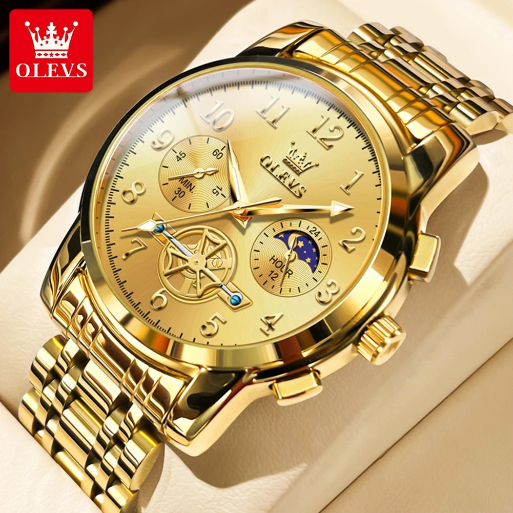 OLEVS Moon Phase Men's Watch Stainless Steel Waterproof Skeleton Chronograph