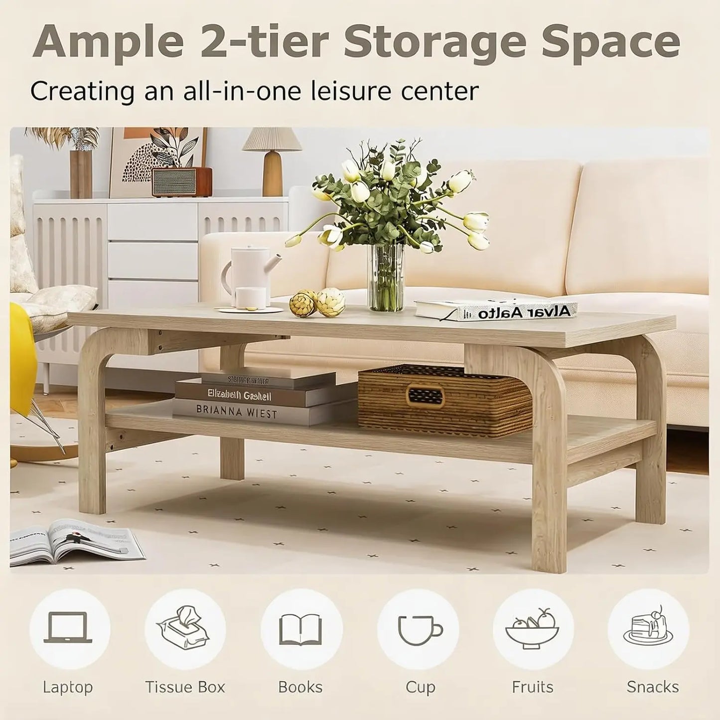 Rectangular Wooden Coffee Table 2-Tier Storage Shelf Mid-Century Vintage Living Room Apartment Natural, Customized