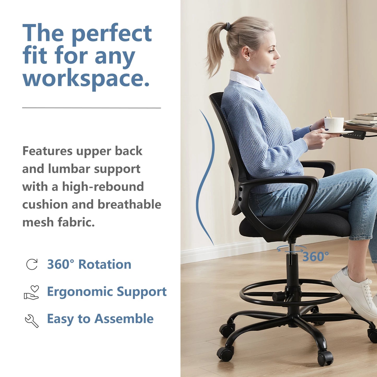 MCQ Tall Drafting Office Chair Ergonomic High Stool Computer with Adjustable Height and Comfy Lumbar Support Swivel Office Chair