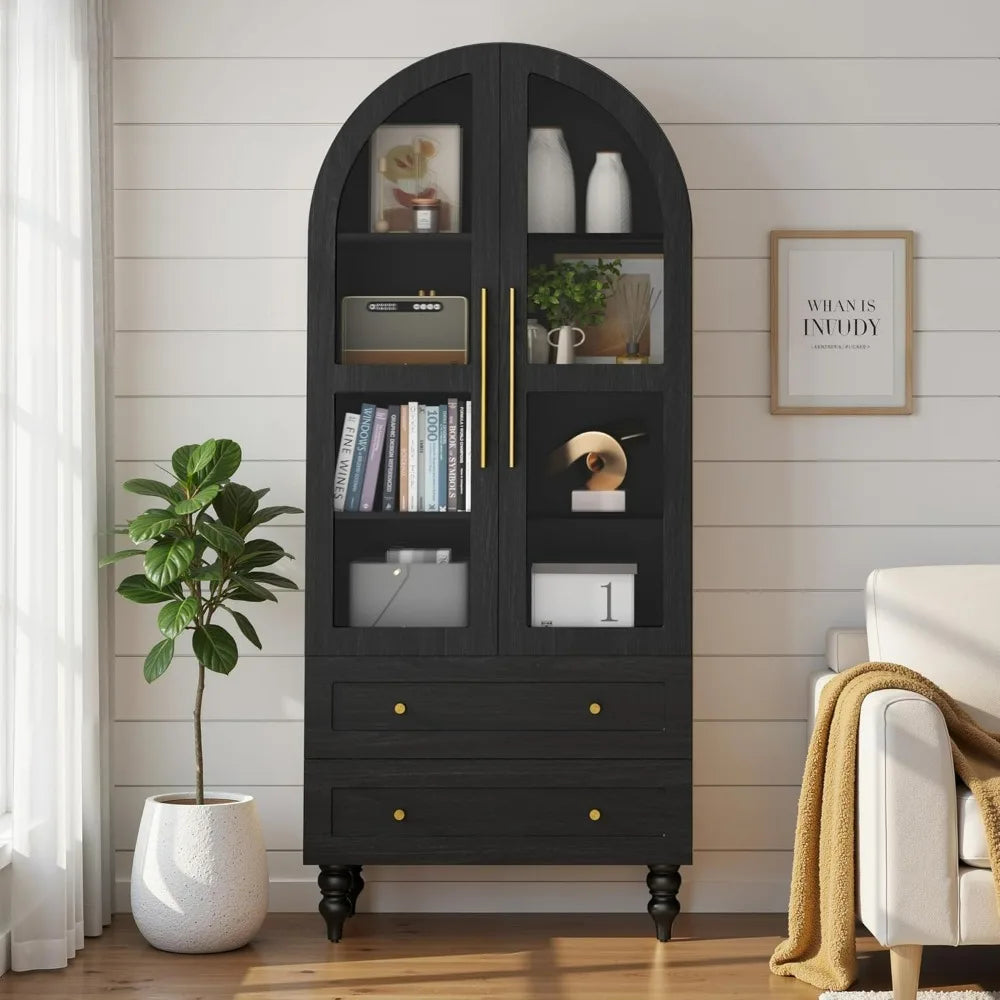 Solid Wood Pantry Cabinet With Glass Doors Tall Kitchen Storage
