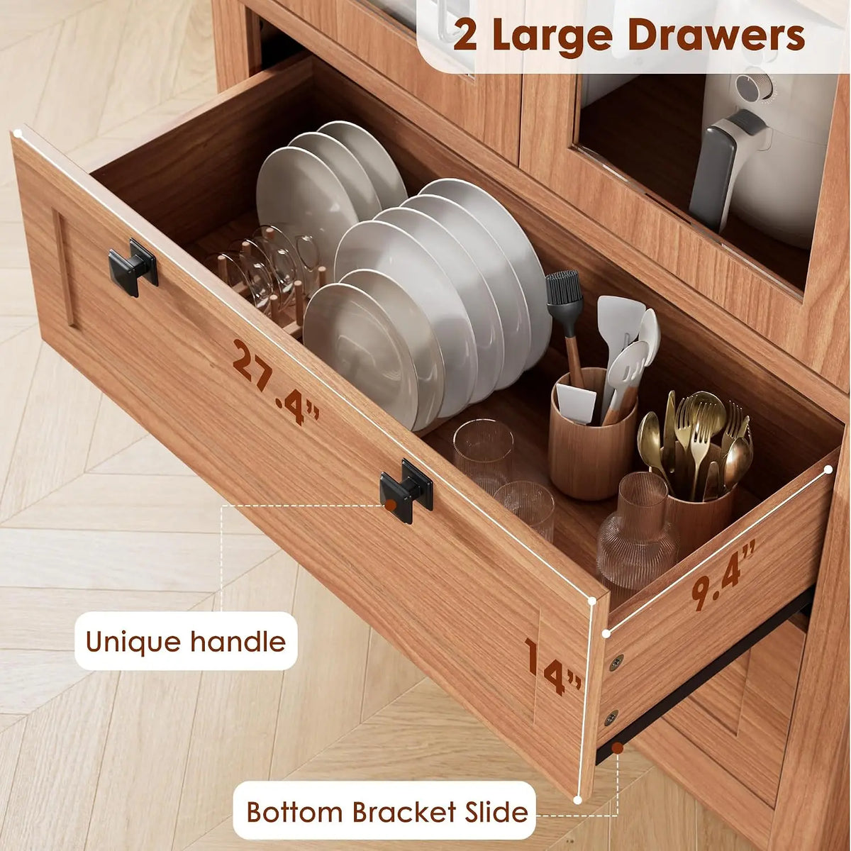 71" Tall Kitchen Pantry Cabinet - Modern Display Storage Cabinet with 2 Large Drawers, Glass Doors, and Adjustable, Customized