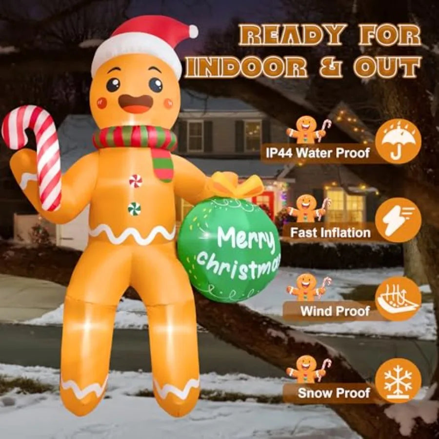 Outdoor Christmas inflatable gingerbread man, 11 FT, PVC material, red and white, built-in LEDs for night visibility