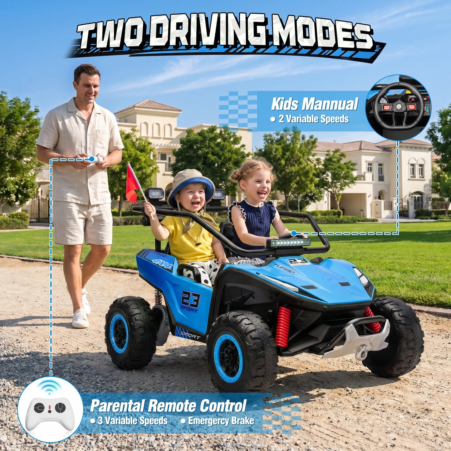 2 Seater 24V Kids Electric UTV Buggy 4WD Ride On Car with Remote Control Bluetooth LED Lights Slow Start Safety Harness Kids Off Road Electric Vehicle Toy Car Birthday Gift for Kids