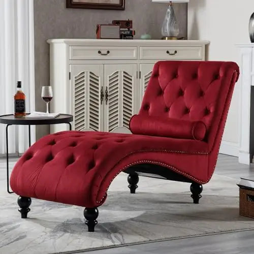 Velvet Tufted Chaise Lounge Chair With Pillow For Bedroom