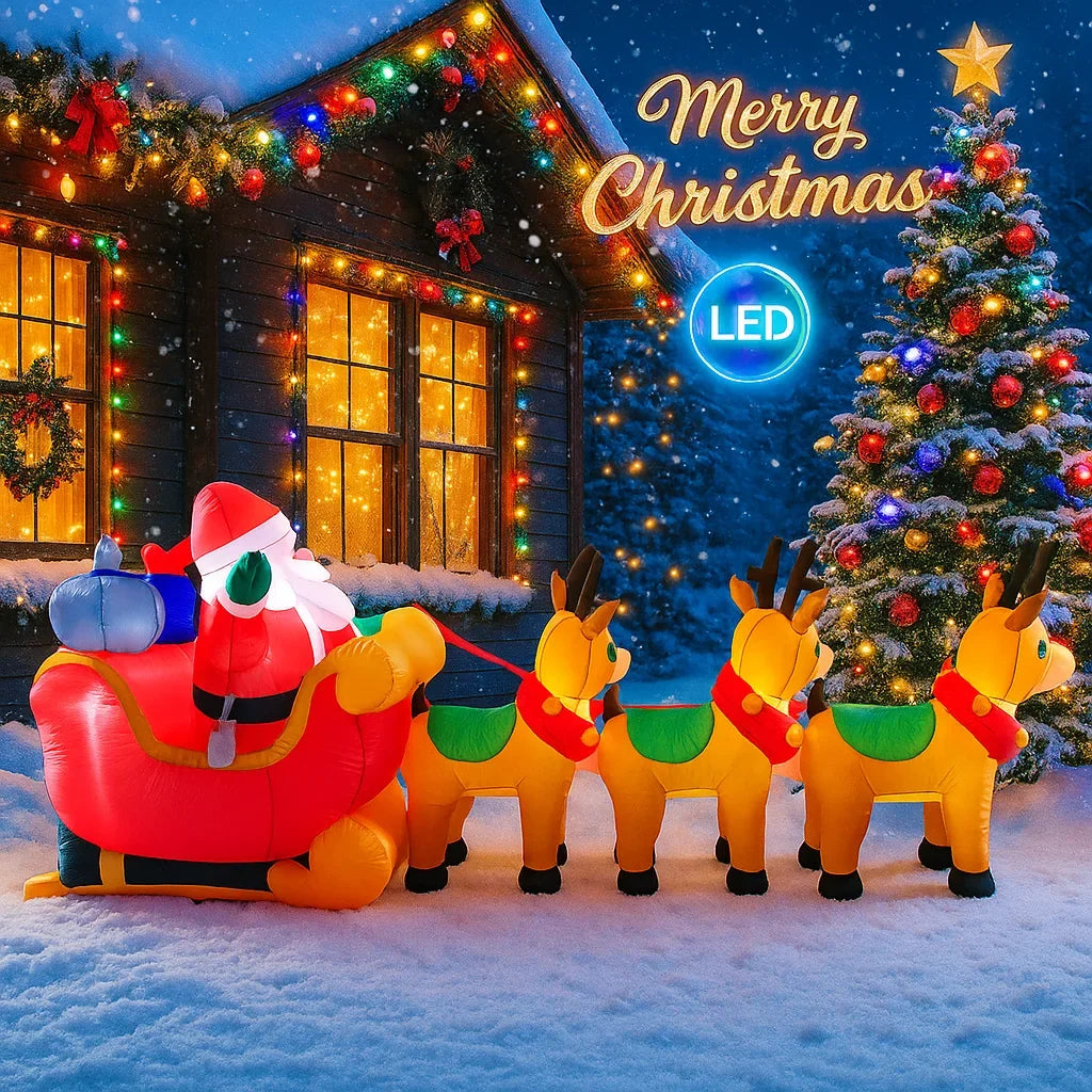 10.17FT Inflatable Santa Claus Toy Sleigh Reindeer Christmas Yard Decoration LED Lit Xmas Supplies Home Ornament Festive Gift