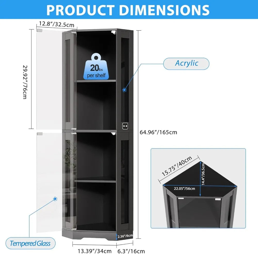 Corner Glass Display Cabinet With Led Lights And Motion Sensor
