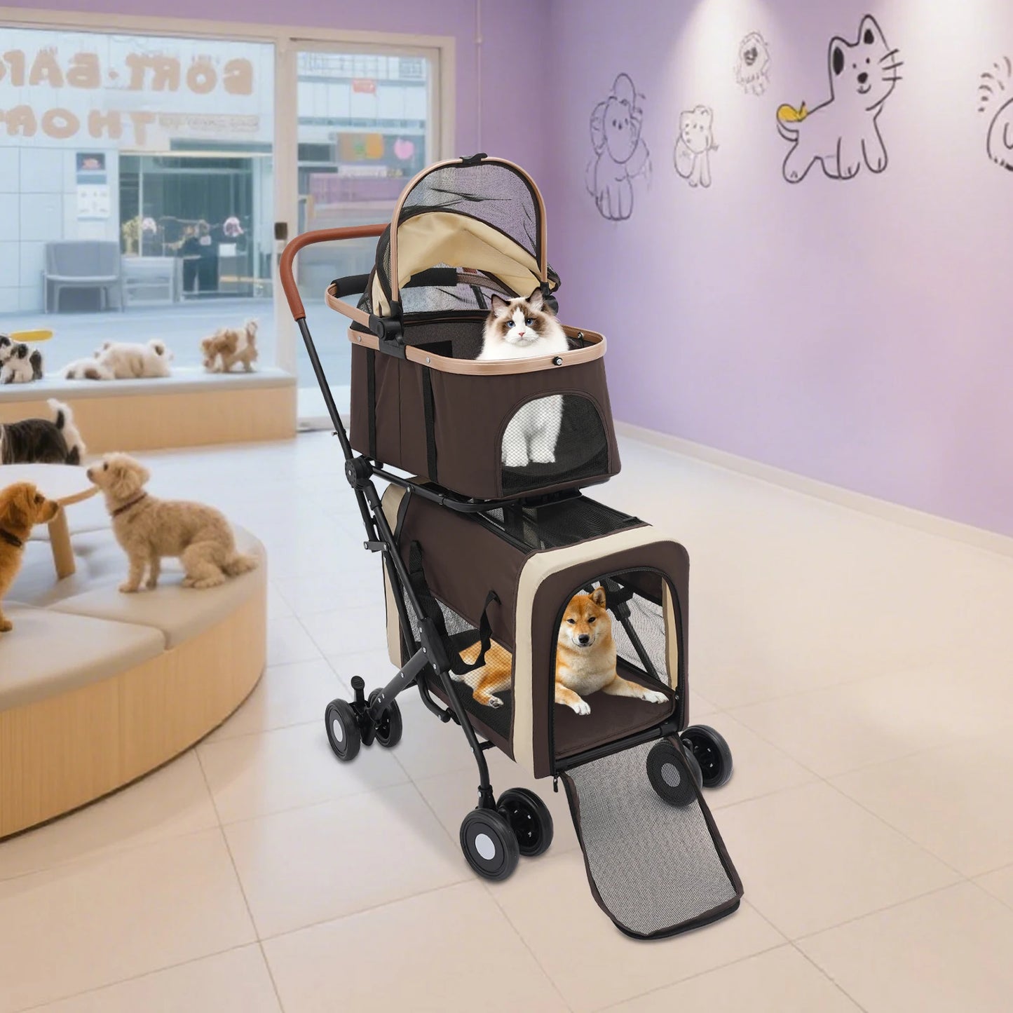 Dog and Cat Stroller Foldable Pet Stroller for Small and Medium Dogs 2 Tiers 35kg Load-Capacity for Traveling/Shopping