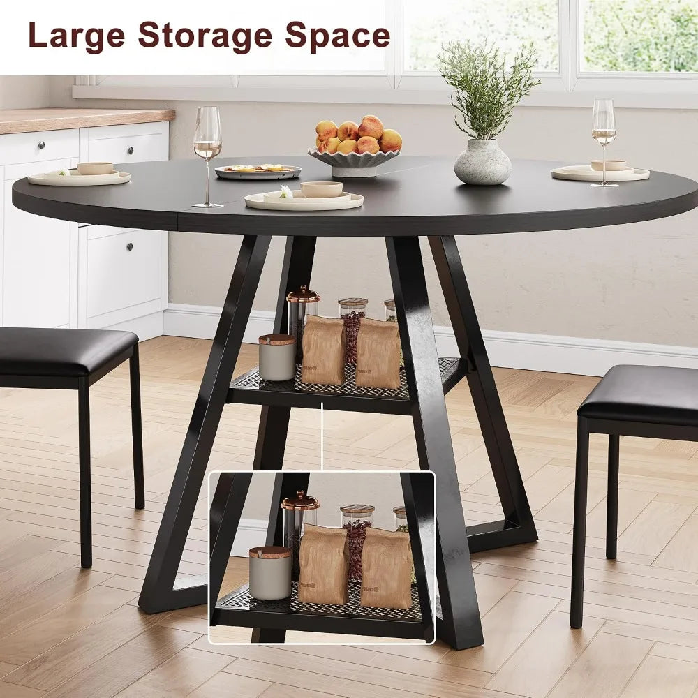 Round Dining Table for 4, 42In Pedestal Table, Space Saving Wood Kitchen Table, Black