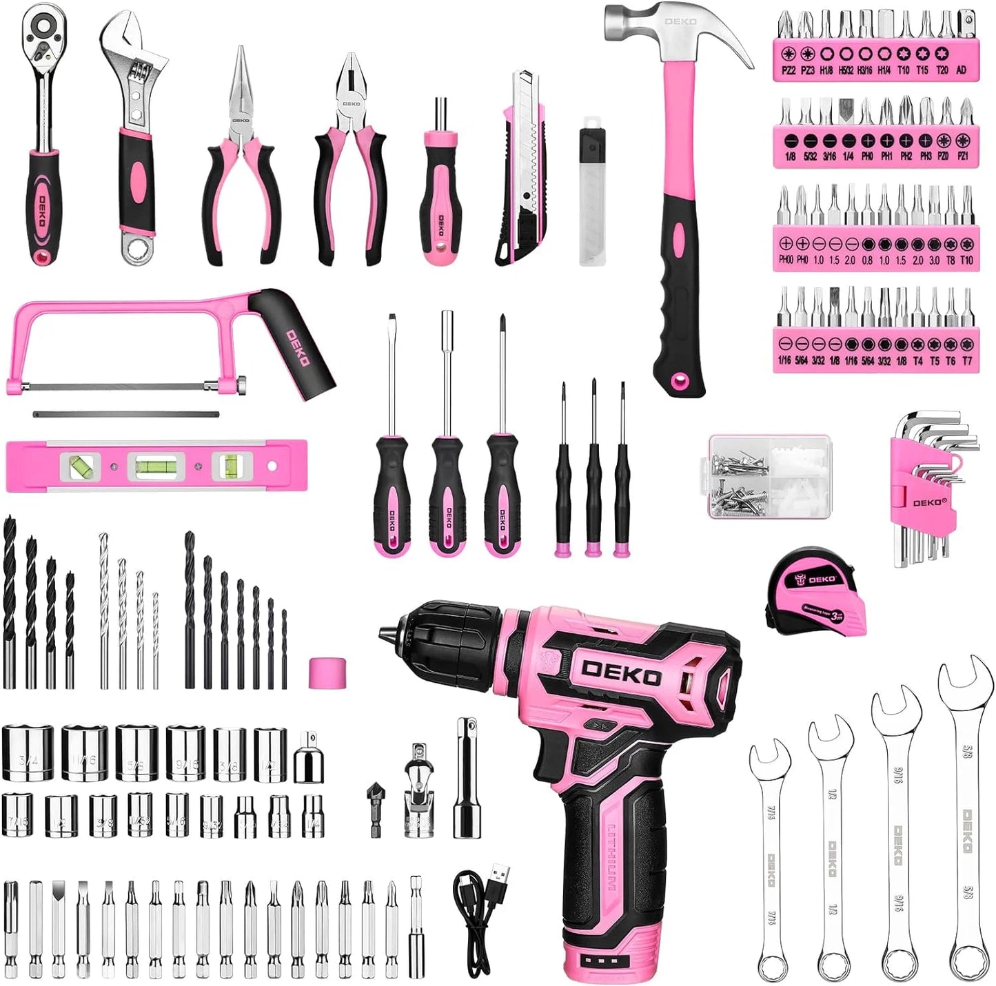 DEKO 12V Cordless Drill and Mechanic Tool Set with Storage