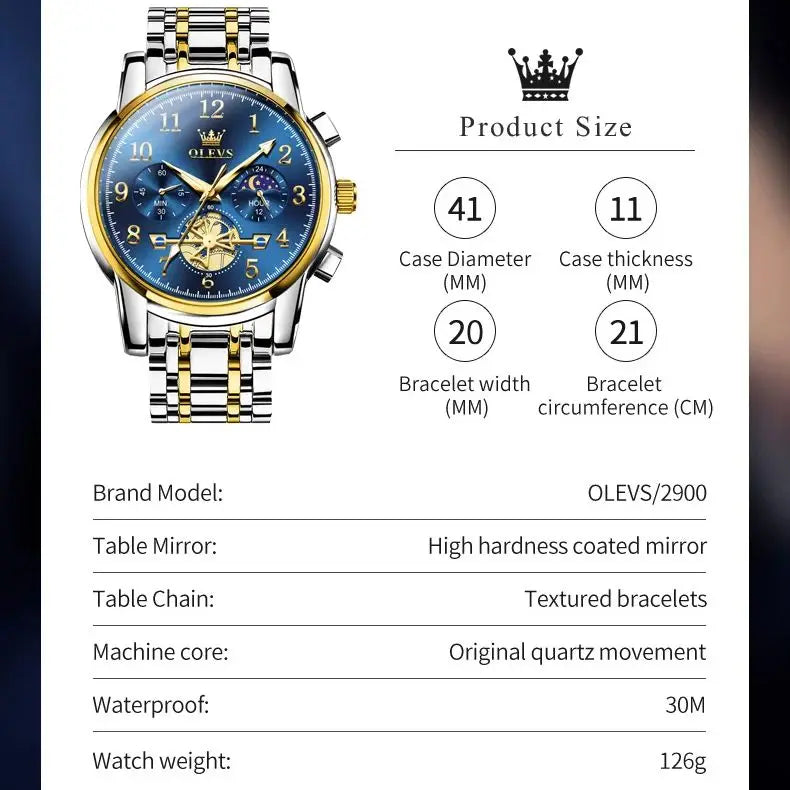 OLEVS Moon Phase Men's Watch Stainless Steel Waterproof Skeleton Chronograph