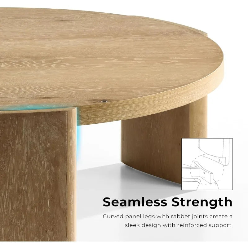 Carys 42” Round Coffee Table, Solid Rubberwood & Oak Veneer, Modern Wood Living Room Table with Plinth Base, Oak Finish