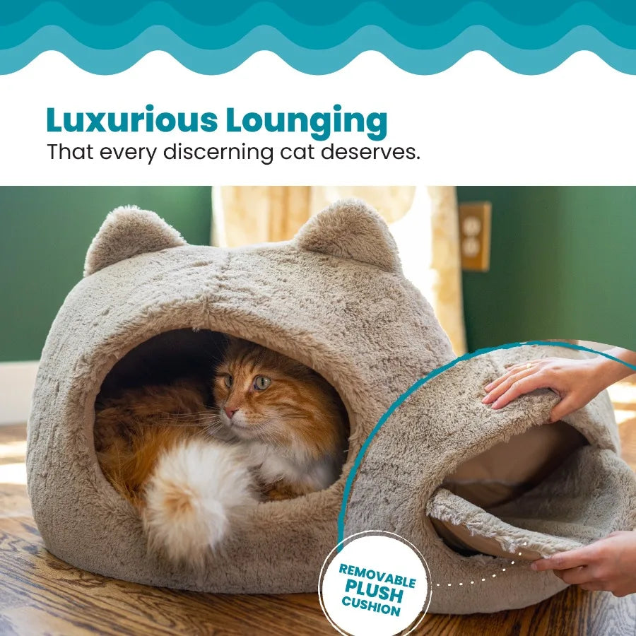 Meow Hut Covered Cat Bed Cave for Indoor Cats Cozy Enclosed with Removable Cushion 16 x 15 x 15 For Small Pets Up to 15 lbs Tan