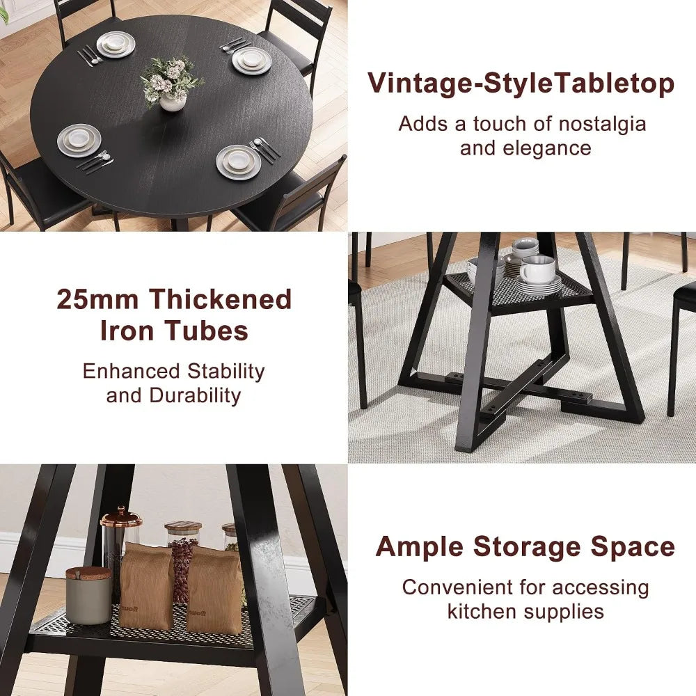 Round Dining Table for 4, 42In Pedestal Table, Space Saving Wood Kitchen Table, Black