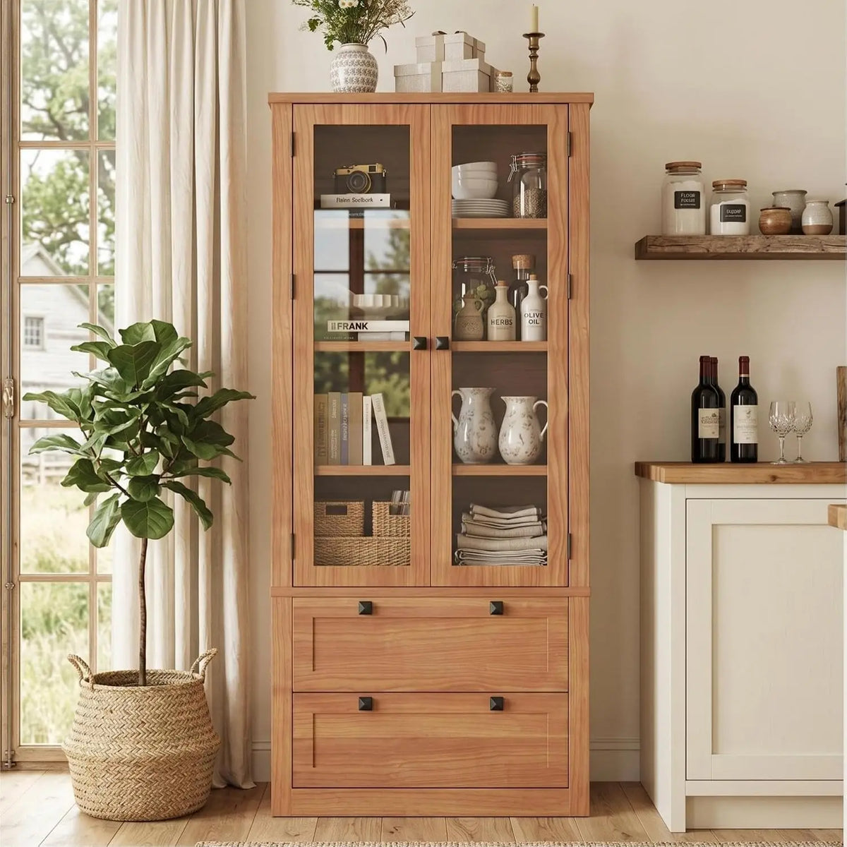 71" Tall Kitchen Pantry Cabinet - Modern Display Storage Cabinet with 2 Large Drawers, Glass Doors, and Adjustable, Customized