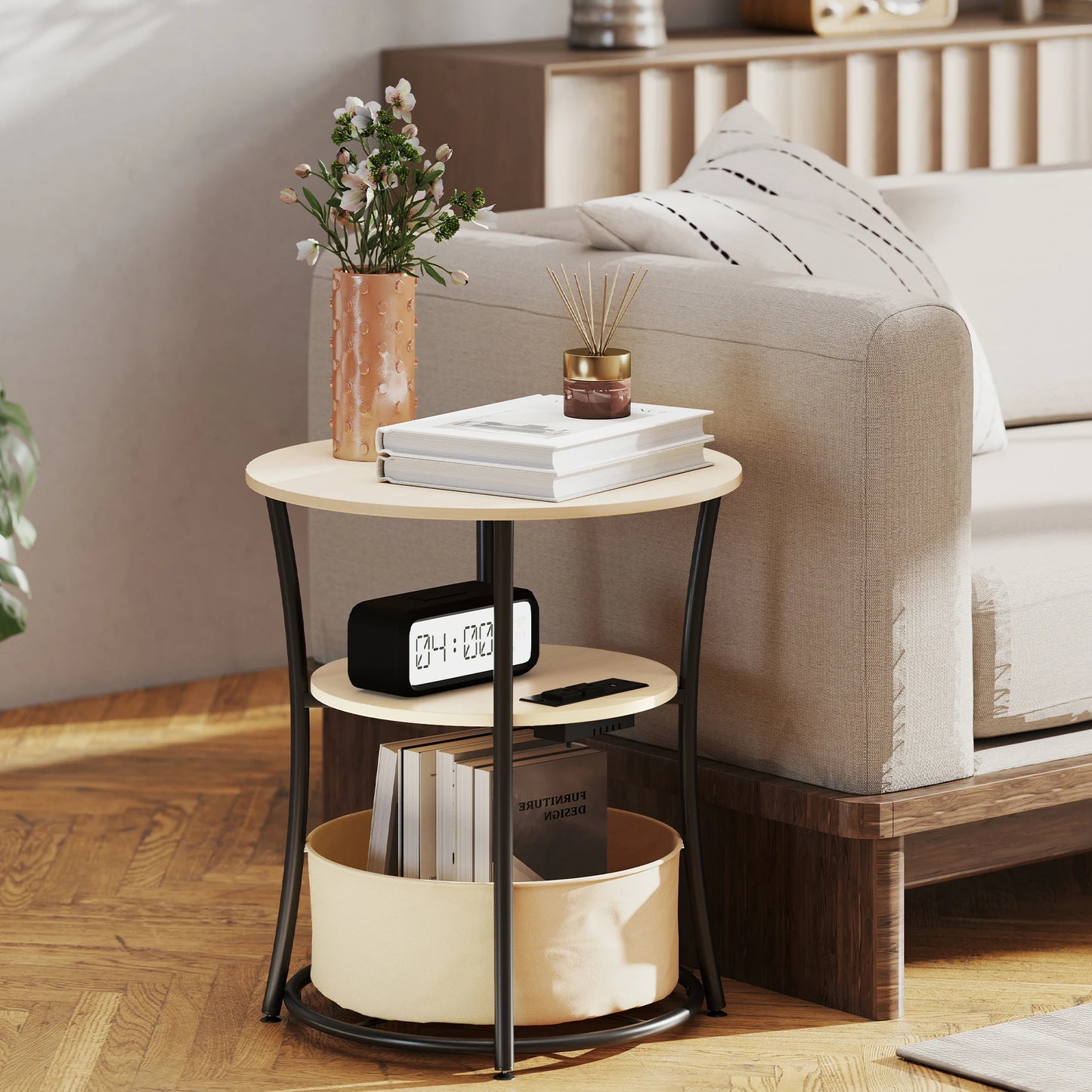 HOMCOM Round Side Table with Charging Station, 3-Tier End Table with Fabric Storage Bag, Shelf and Steel Frame for Living Room, Natural Wood