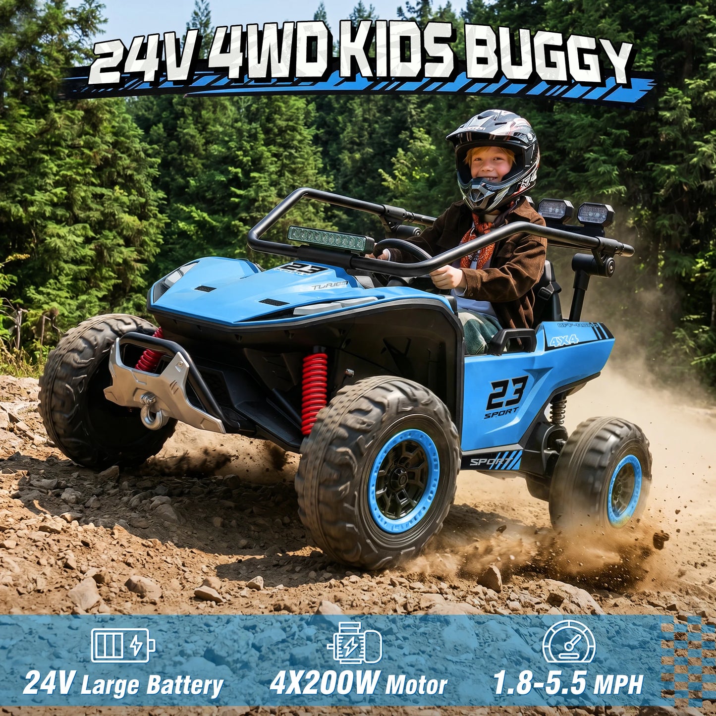 2 Seater 24V Kids Electric UTV Buggy 4WD Ride On Car with Remote Control Bluetooth LED Lights Slow Start Safety Harness Kids Off Road Electric Vehicle Toy Car Birthday Gift for Kids