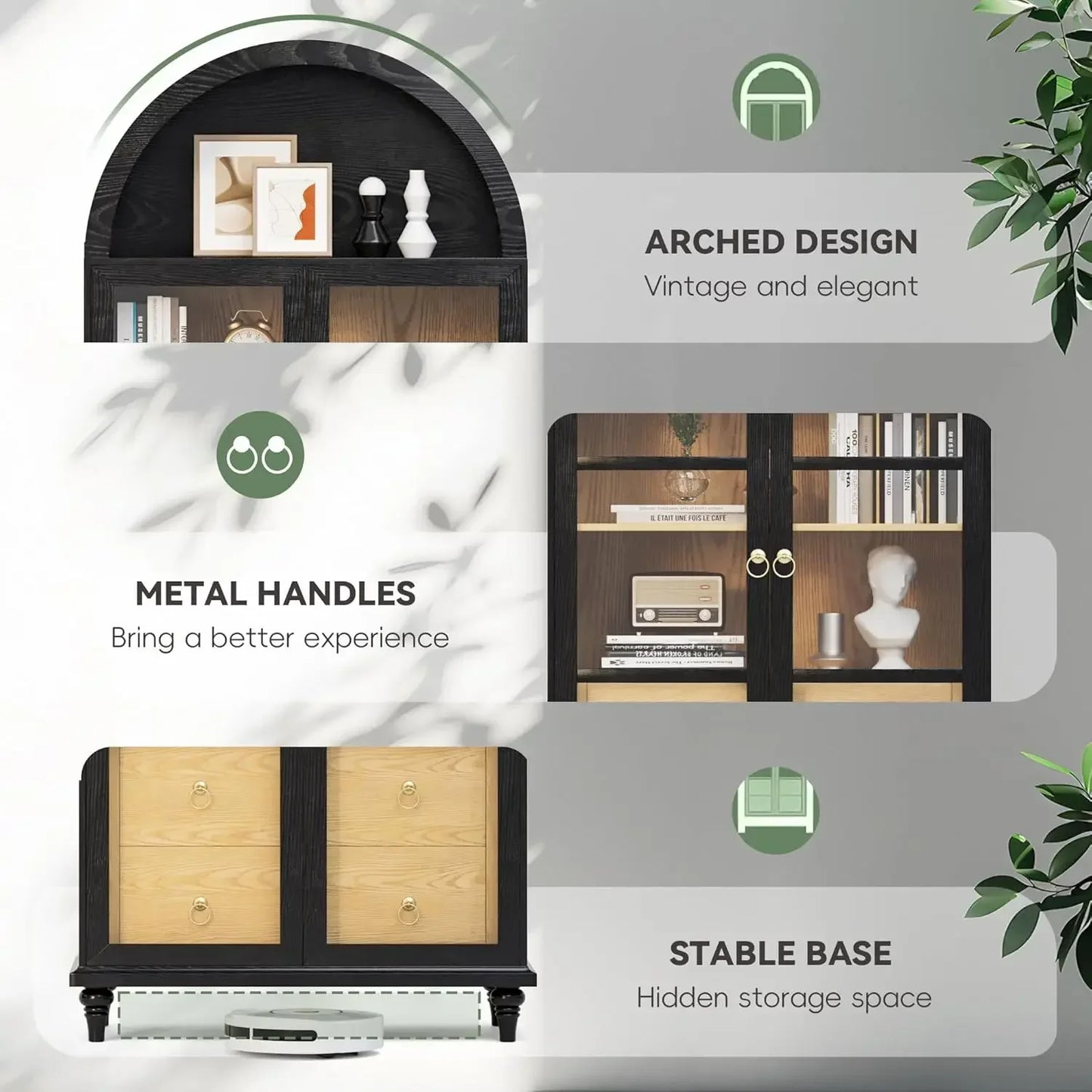 Modern Arched Storage Cabinet With Glass Doors And Drawers