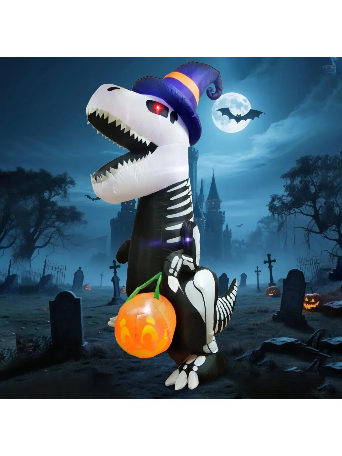 Joyfy Halloween Inflatable Skeleton Dinosaur With Pumpkin Yard Decor
