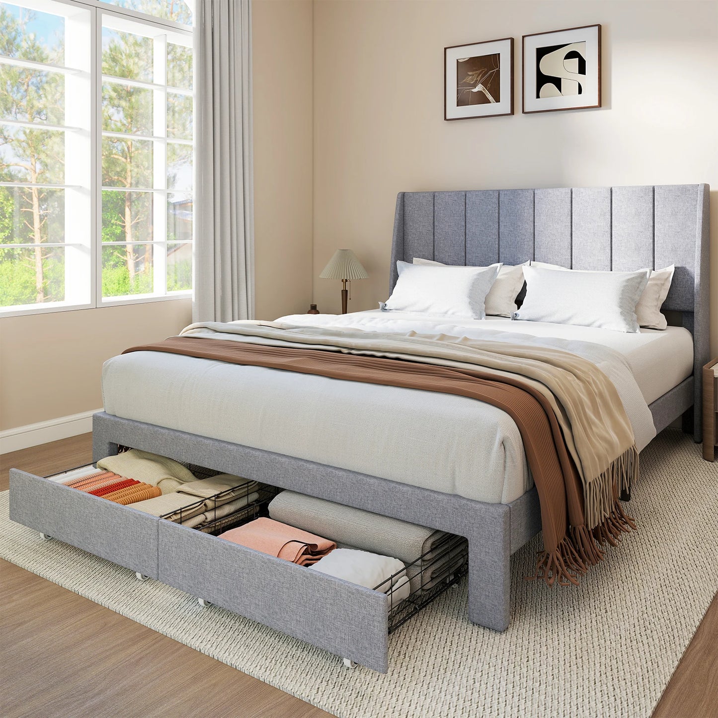 JHK Upholstered Platform Bed Frame With 2-Drawer Storage