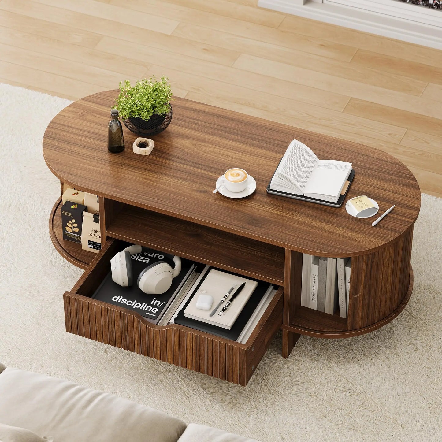 47.2in Oval Coffee Table With Storage, Modern Fluted Wood Center Table With Drawer & Sliding Door Cabinets For Living Room, Small Space