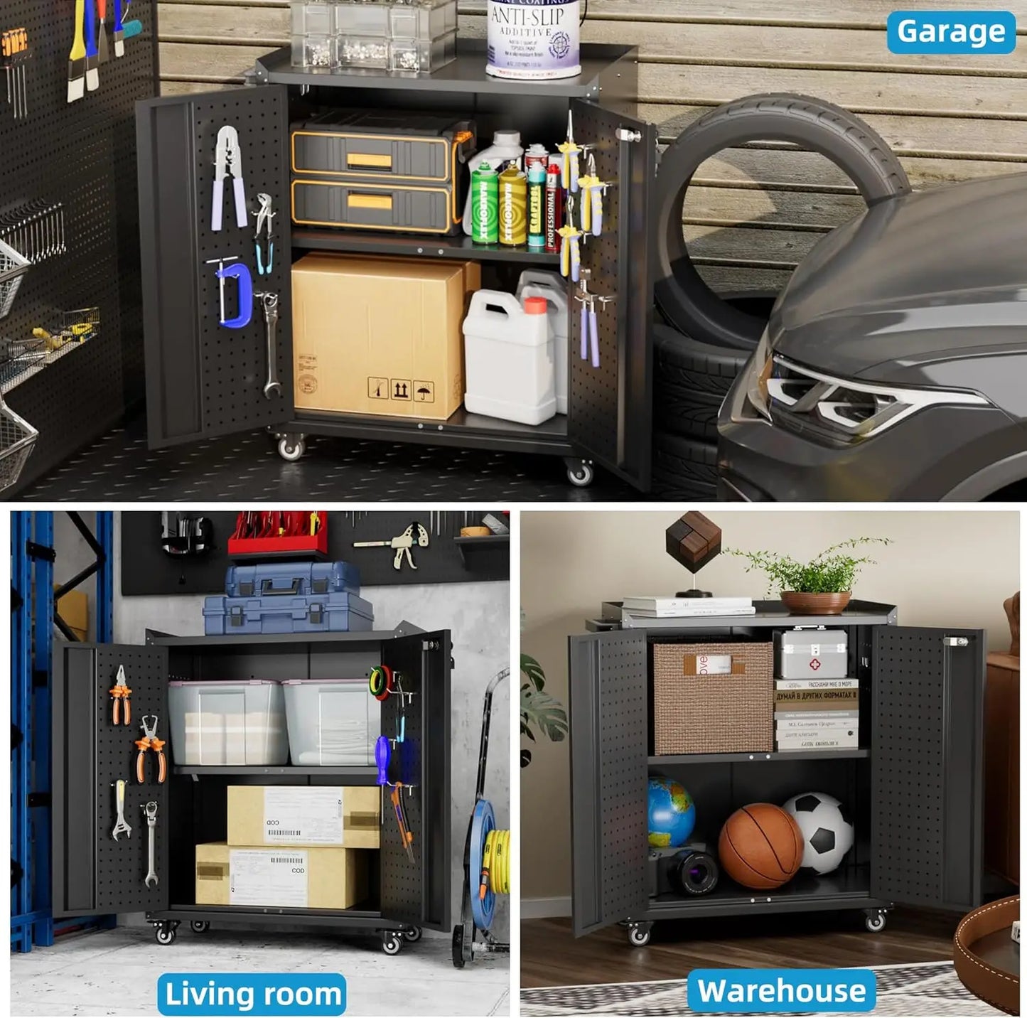KAIKEEQLI Locking Garage Storage Cabinet On Wheels With Pegboard
