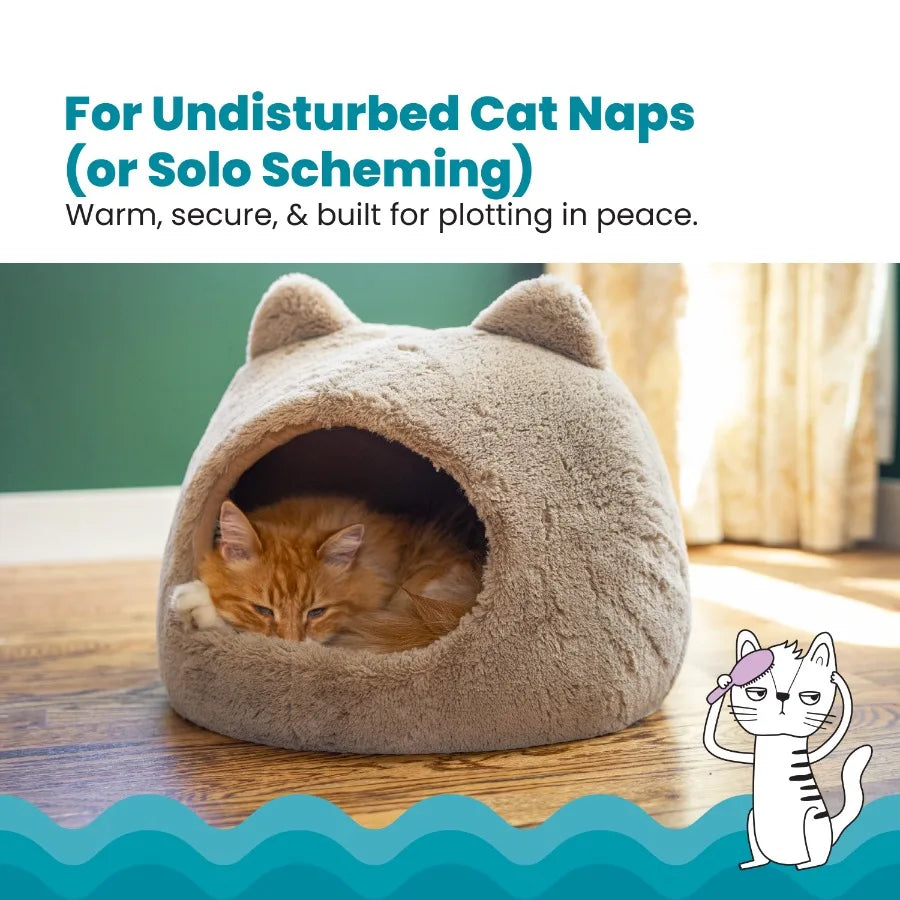 Meow Hut Covered Cat Bed Cave for Indoor Cats Cozy Enclosed with Removable Cushion 16 x 15 x 15 For Small Pets Up to 15 lbs Tan