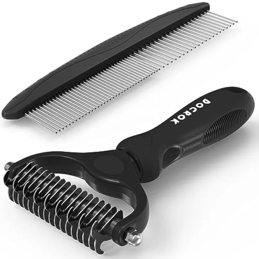 Pet Grooming Combo - Deshedding Brush with Metal Comb for Detangling and Dematting Long, Matted Fur on Cats and Dogs
