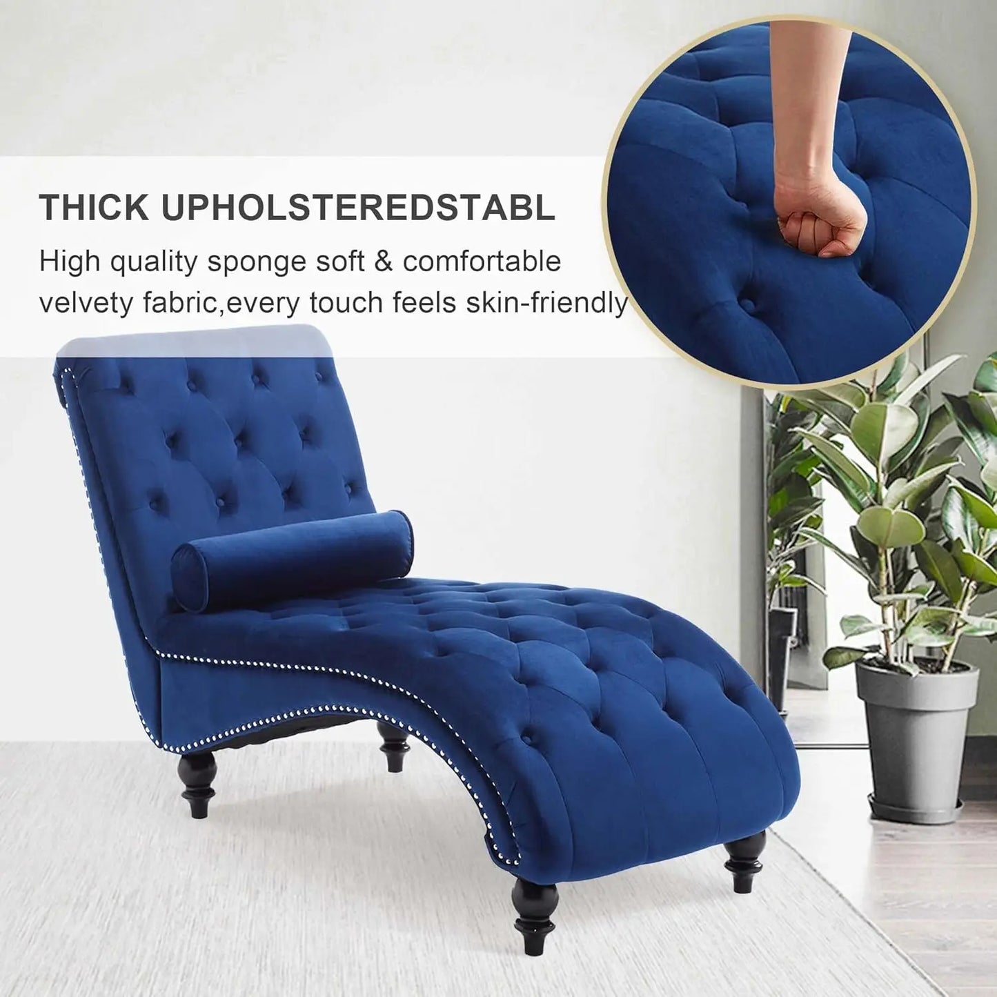 Velvet Tufted Chaise Lounge Chair With Pillow For Bedroom