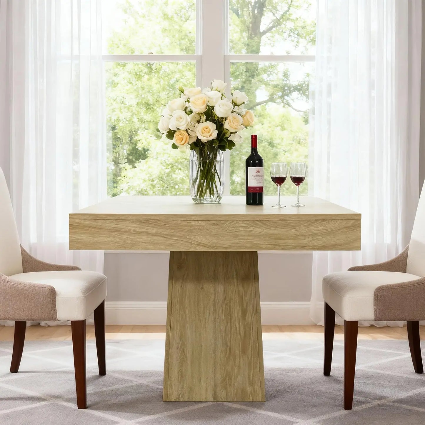 31.5in Square Dining Table For 4, Farmhouse Wood Pedestal Kitchen Table For Apartment, Small Dining Room, Cafe, 29.7in High