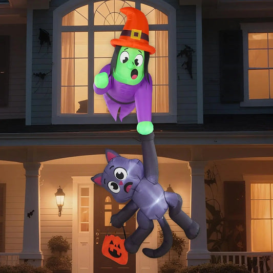 Joyfy Halloween Witch And Black Cat Inflatable Roof Decoration