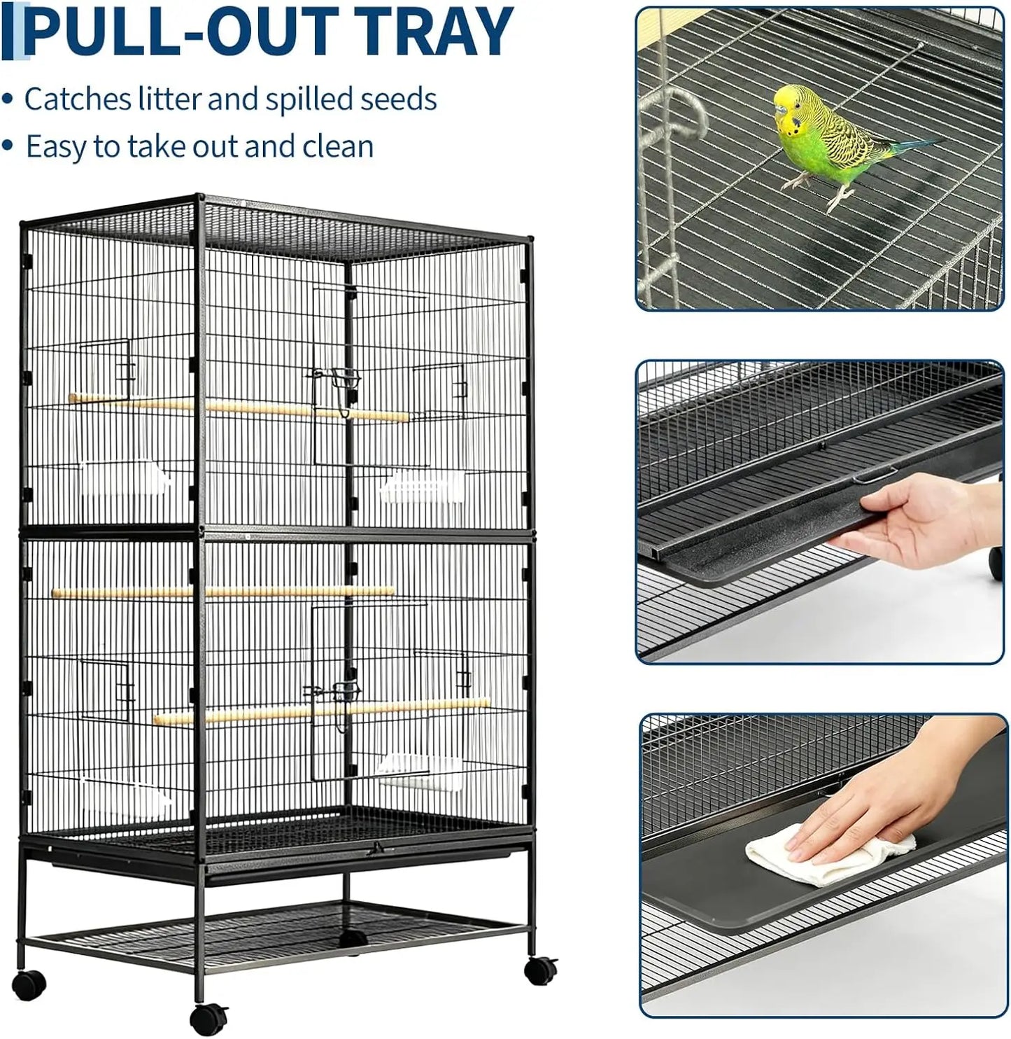 61" H Large Bird Cage with Rolling Storage Stands, Feed Bowls, Wide Tall Parakeet Cage for Parakeets, Parrot, Conures, Cockatiel