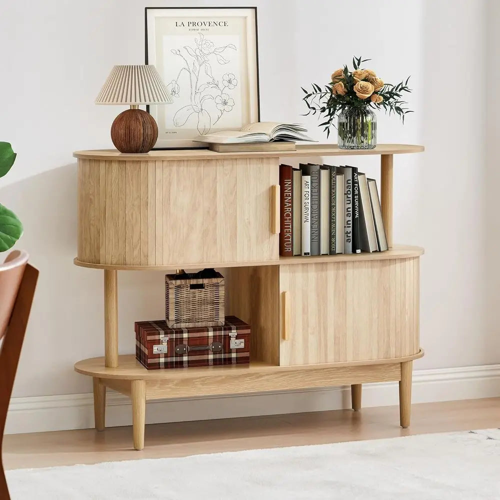 42.5'' Buet Cabinet with 2 Open Storage, Oval Sideboard Cabinet with Sliding Doern Accent Coee Bar Wood Kitchen Storage Cabior K