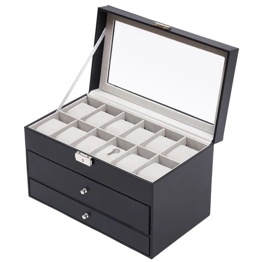 12 Compartments Watch Storage Display BoxGlasses Case, Jewelry Box Organizer Watch Showcase Soft PU