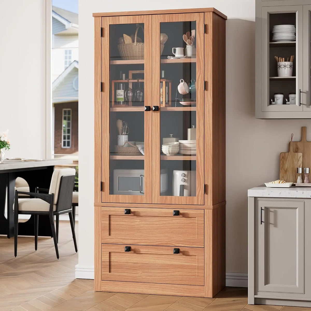 71" Tall Kitchen Pantry Cabinet - Modern Display Storage Cabinet with 2 Large Drawers, Glass Doors, and Adjustable, Customized