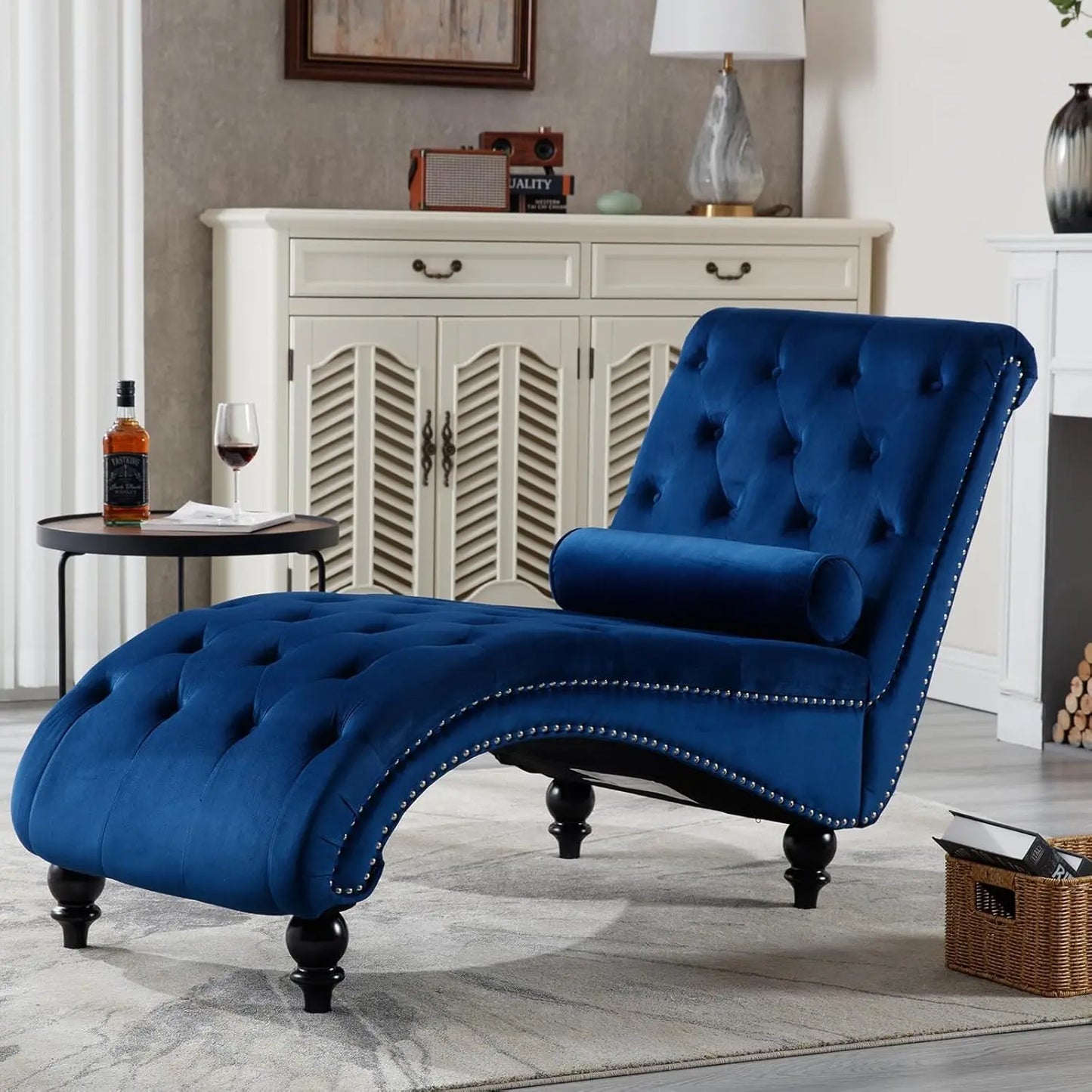 Velvet Tufted Chaise Lounge Chair With Pillow For Bedroom