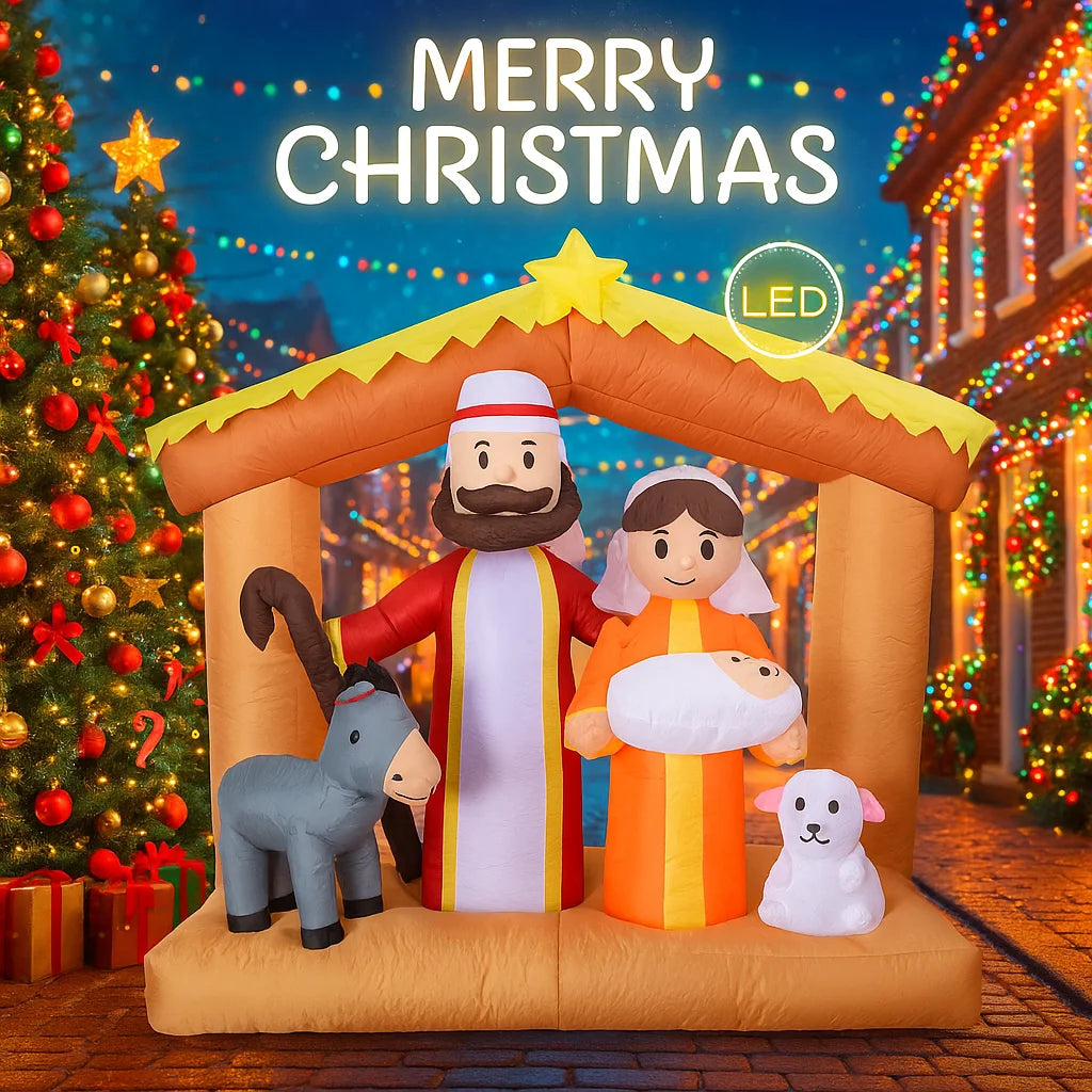5.91FT Inflatable Toy Jesus Donkey Lamb Nativity With LED Lights Xmas Decorations for Yard Supplies Home Ornament Festive Gifts