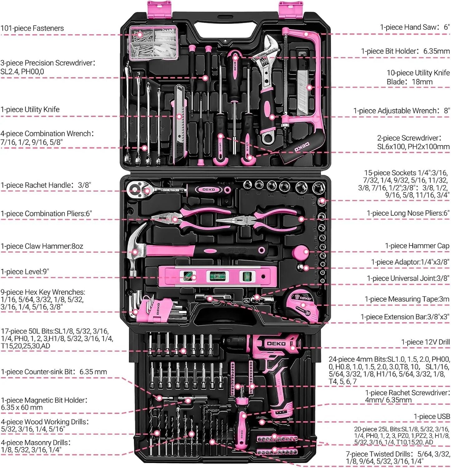 DEKO 12V Cordless Drill and Mechanic Tool Set with Storage