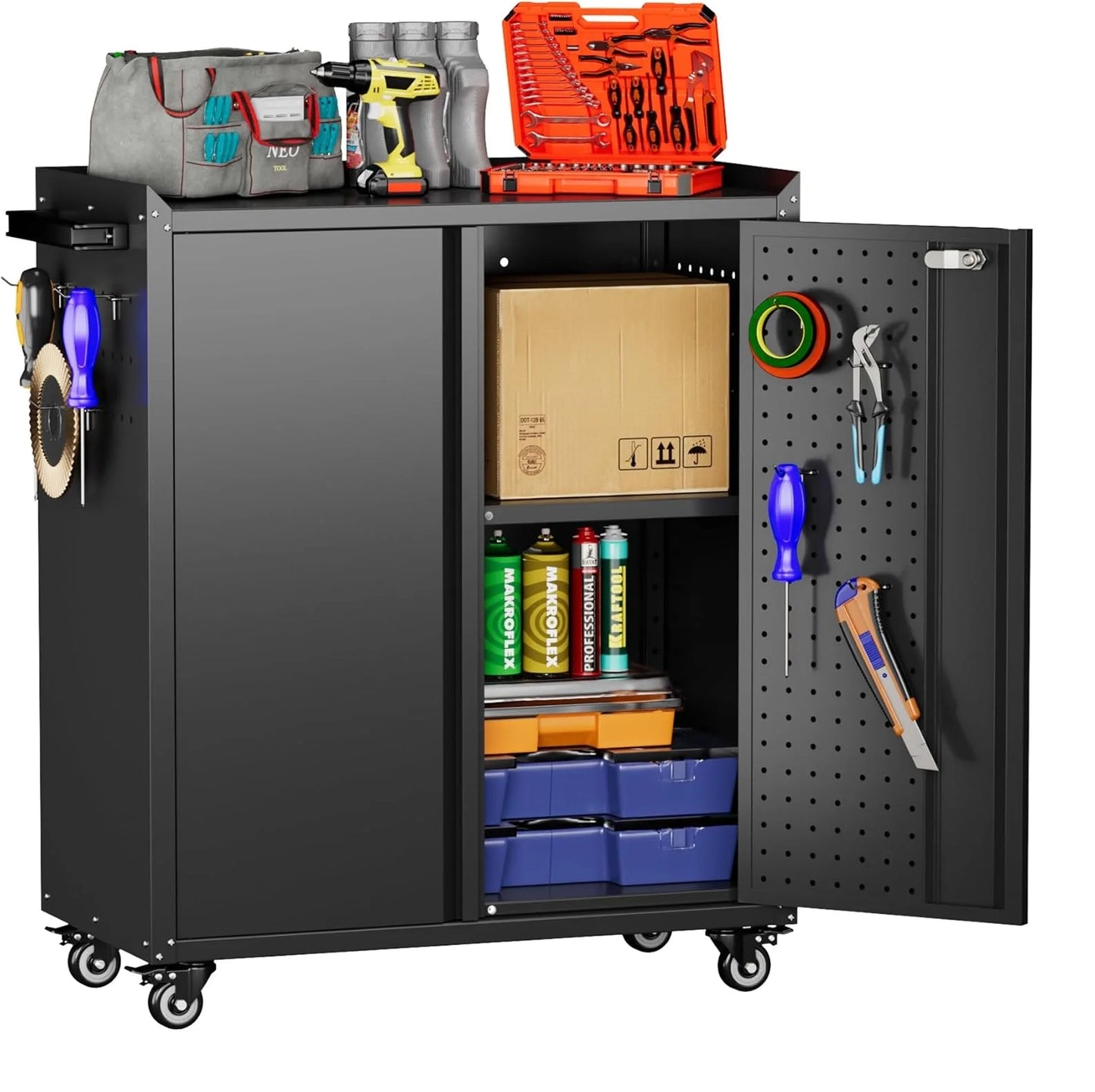 KAIKEEQLI Locking Garage Storage Cabinet On Wheels With Pegboard