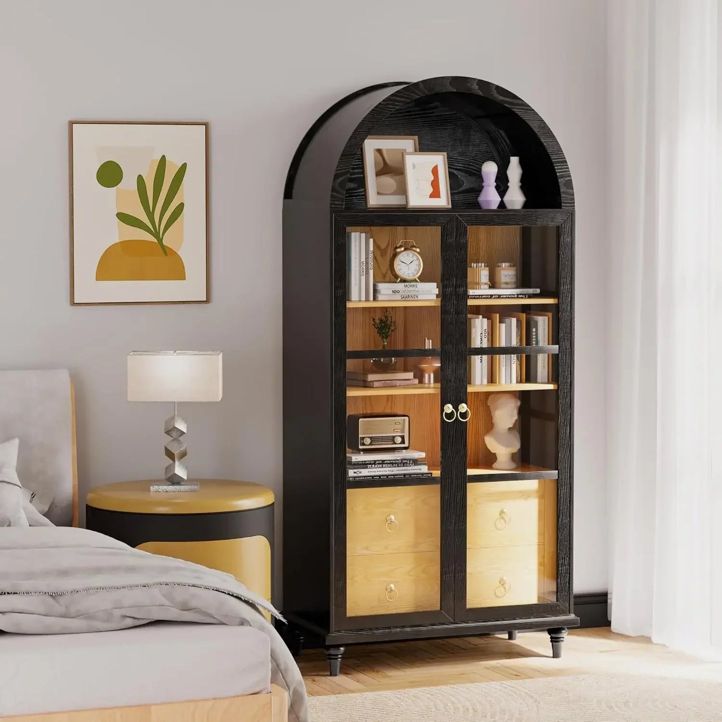 Modern Arched Storage Cabinet With Glass Doors And Drawers