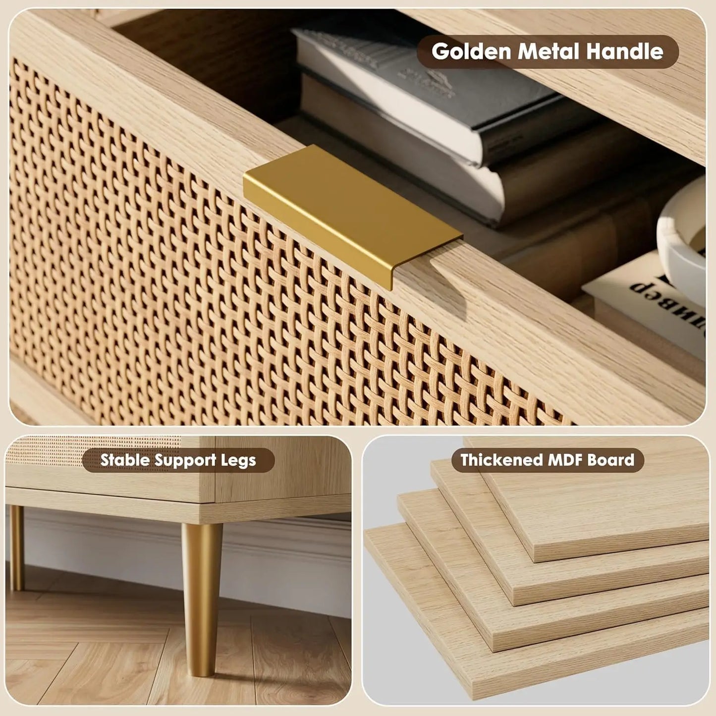 47.2in 6 Drawer Natural Rattan Dresser for Bedroom, Wooden Dresser with 15.6in Deep Storage & Wide Top, Large Modern Chest of Drawers for Living Room, Hallway and Kids Room Closet,