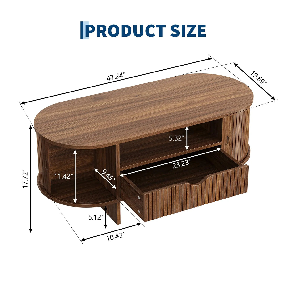 47.2in Oval Coffee Table With Storage, Modern Fluted Wood Center Table With Drawer & Sliding Door Cabinets For Living Room, Small Space