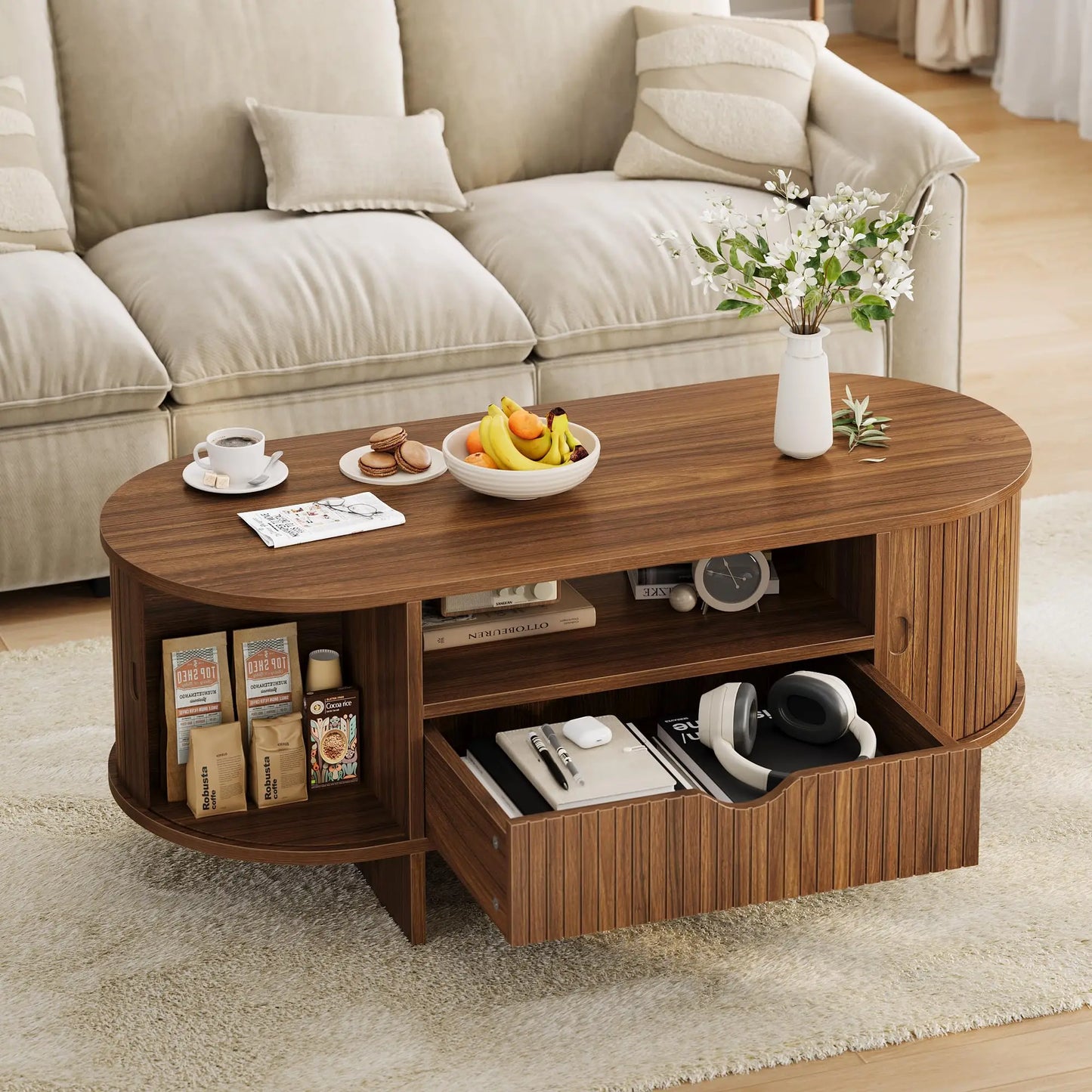 47.2in Oval Coffee Table With Storage, Modern Fluted Wood Center Table With Drawer & Sliding Door Cabinets For Living Room, Small Space