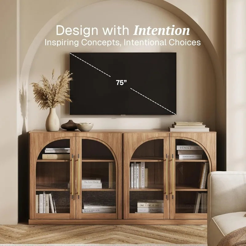 Belleze Modern Arched Sideboard With Glass Door And Storage Shelves
