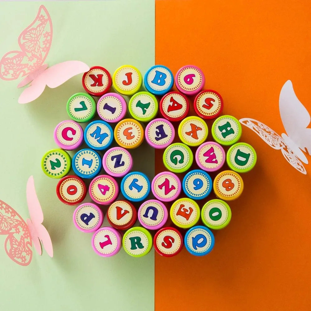 Self Ink Stamp Set for Kids, Number & Alphabet Stamps, Birthday Party Favors
