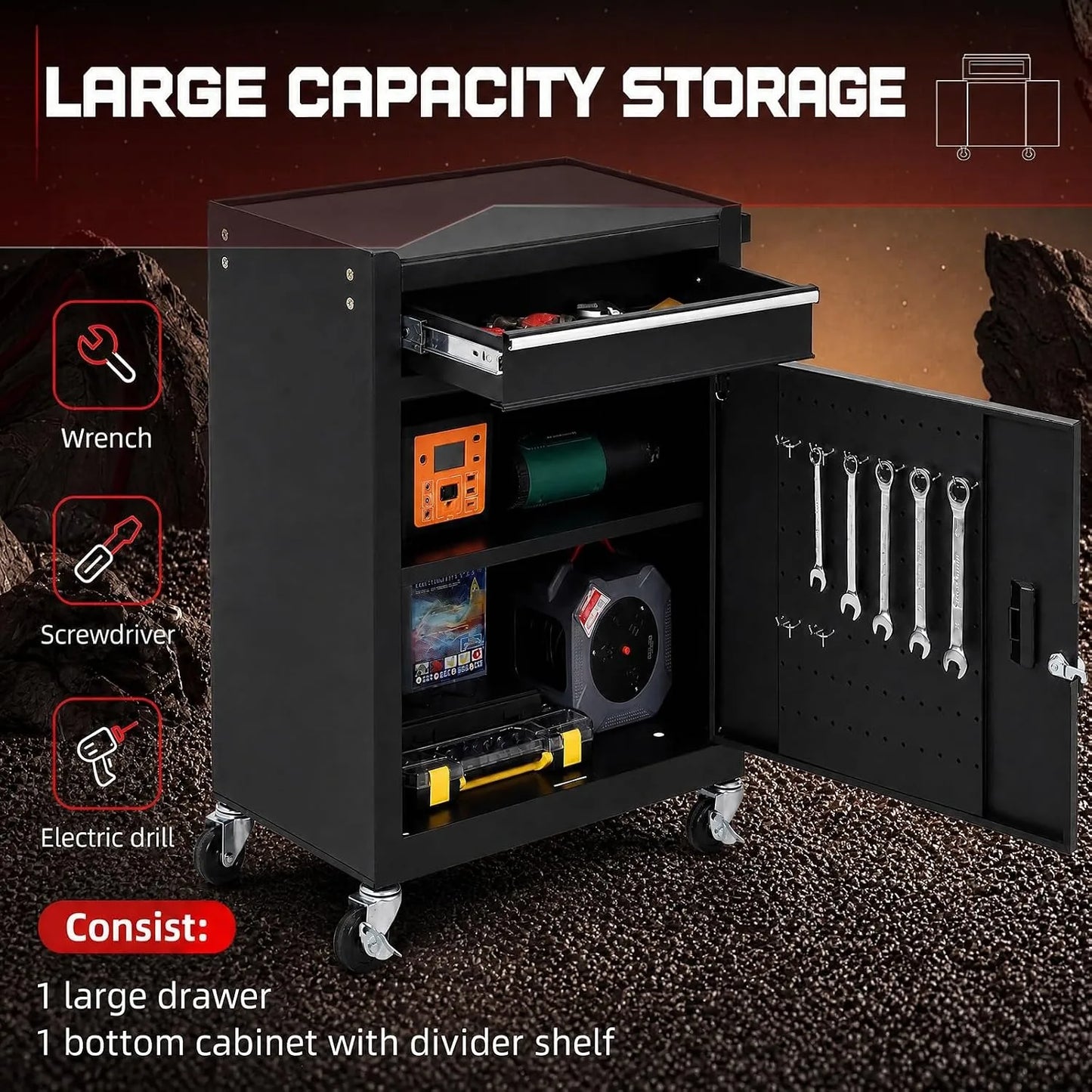 5 Drawer Rolling Tool Cabinet with Lockable Detachable Tool Box, Mobile Steel Tool Storage Organizer with Swivel Wheels, Garage Workshop Mechanic Storage Cart